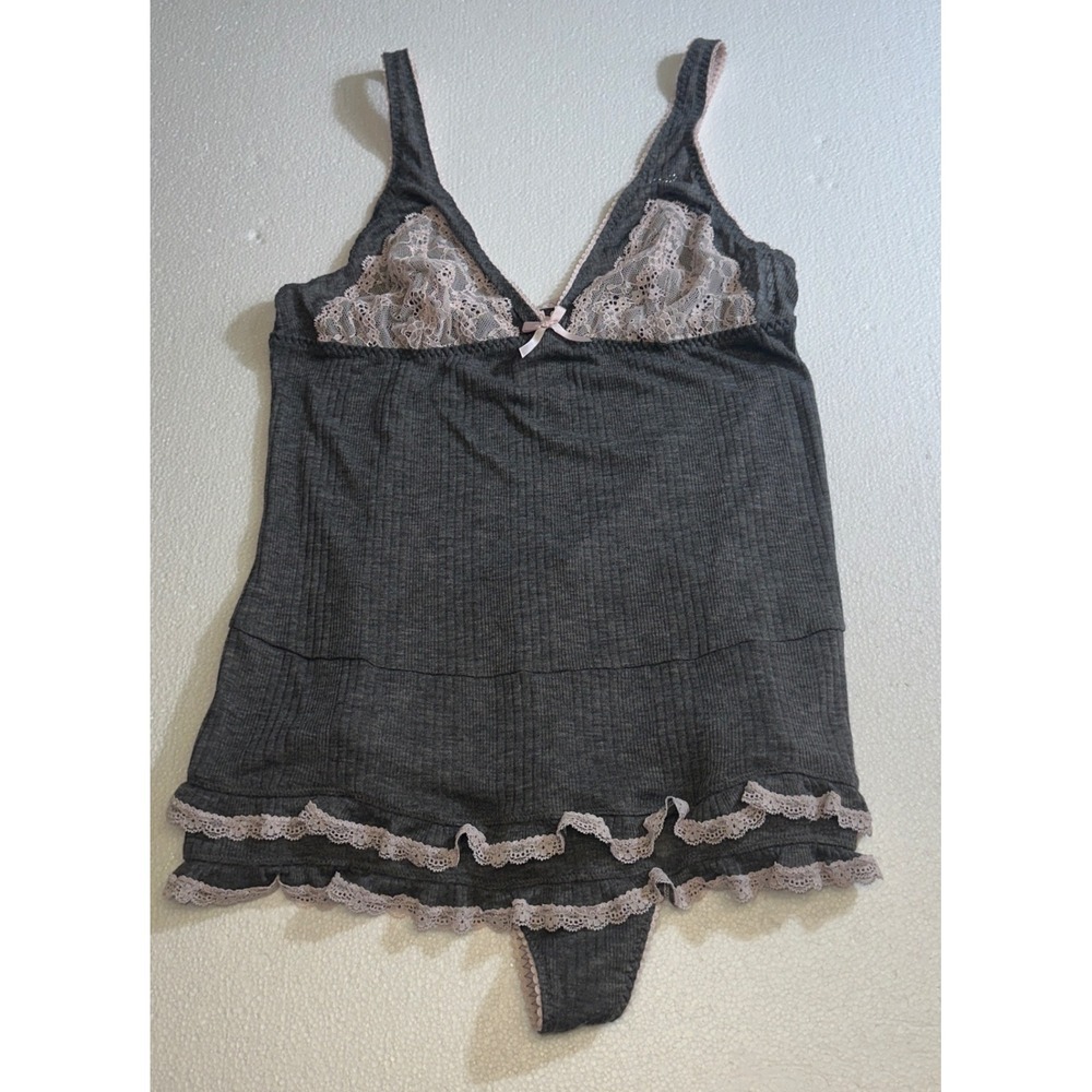 Victoria's Secret Gray Pink‎ Lace Ribbed Romper Teddy Rhinestone Bow Large NEW